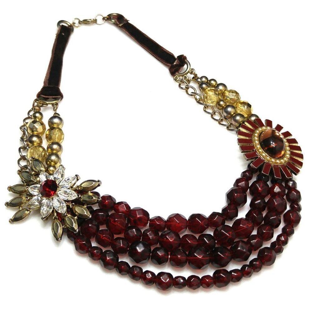 Red Crystal Beaded Necklace, Floral Enamel Pendants, Velvet Ribbon, 16 Inches